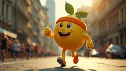 Cartoon lemon with a sweat bandage on his forehead runs a marathon down the street