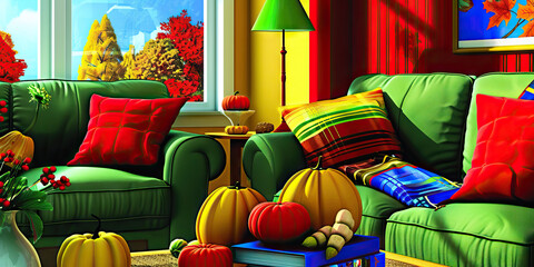 Autumnal Living Room with Green Sofas and Pumpkins