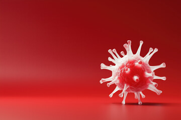 Virus particle with spiky protrusions, depicted in red and white tones, set against a dramatic red background.