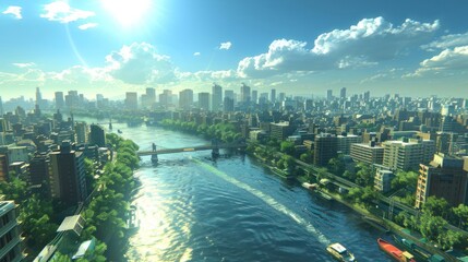 Naklejka premium A vibrant cityscape featuring a river, greenery, and urban buildings under a bright sky.