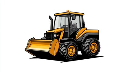 Yellow and black tractor with a bulldozer blade, isolated on white background.