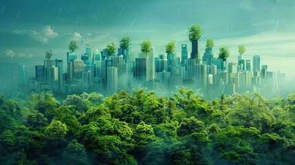 Fototapeta premium A futuristic cityscape merging urban architecture with lush greenery and nature.