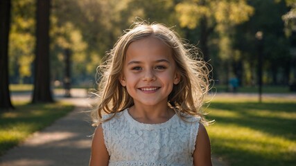 Happy little girl smiles in the park on a sunny summer day portrait