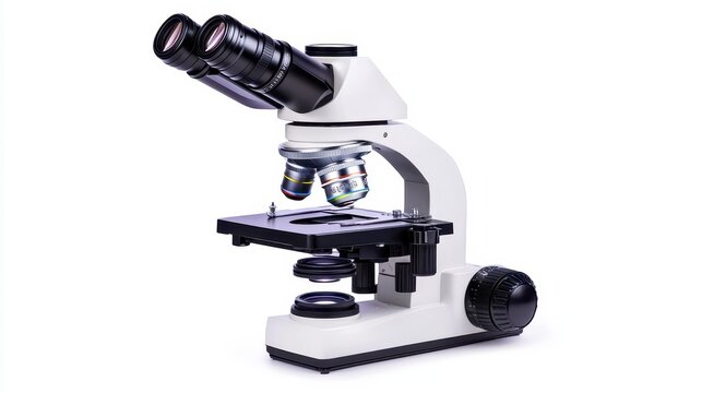 A modern microscope featuring dual eyepieces, adjustable components, and a sturdy base, ideal for laboratory use and scientific research.