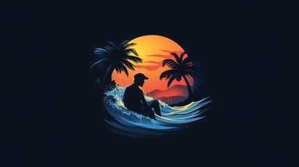 A silhouette of a person sitting on a wave at sunset, surrounded by palm trees.