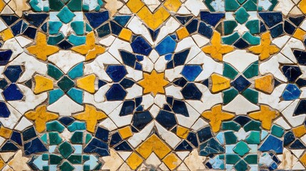 intricate mosaic tilework in blue teal yellow and white