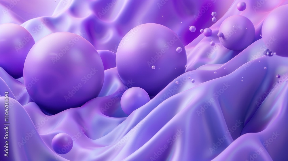 Poster abstract purple spheres on a flowing fabric background: a 3d render of smooth, shiny bubbles resting