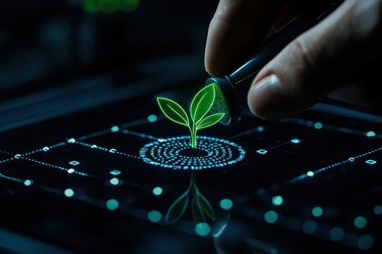 A hand touches a digital screen showcasing a glowing plant symbolizing growth.