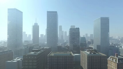 Fototapeta premium A city skyline featuring modern skyscrapers shrouded in mist.