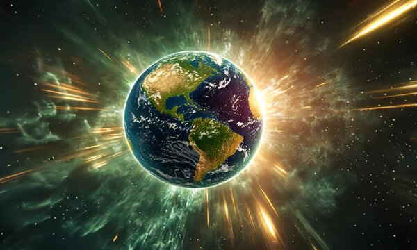 A vibrant depiction of Earth surrounded by cosmic energy and light in a vast space environment.