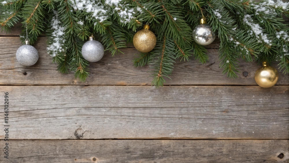 Poster festive christmas ornaments on a rustic wooden surface with a dusting of snow on the evergreen branc