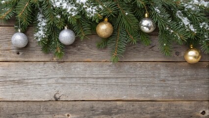 Fototapeta premium Festive Christmas ornaments on a rustic wooden surface with a dusting of snow on the evergreen branches.