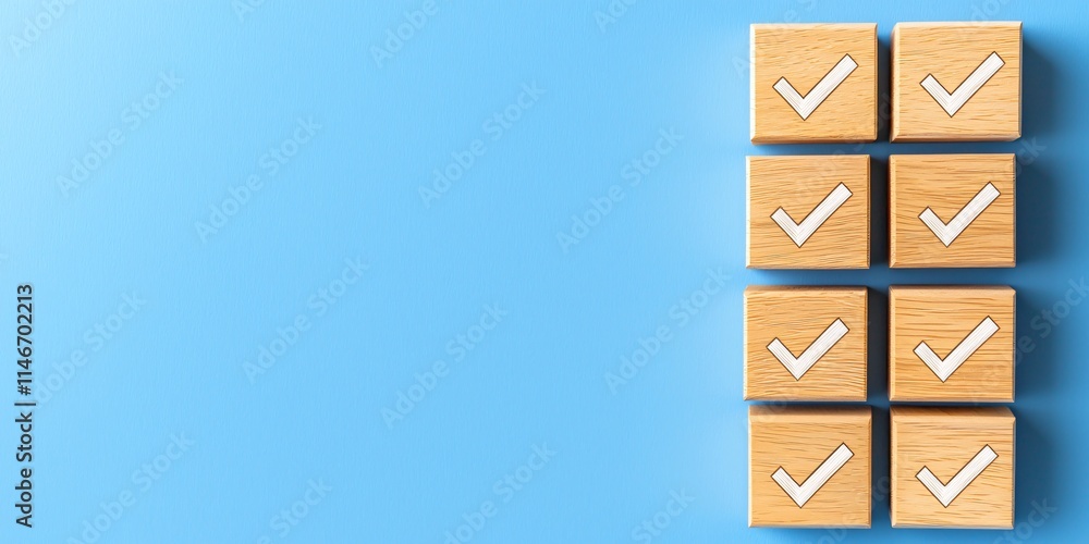 Poster checklist and decision making. nine wooden blocks with checkmarks on a blue background create a clea