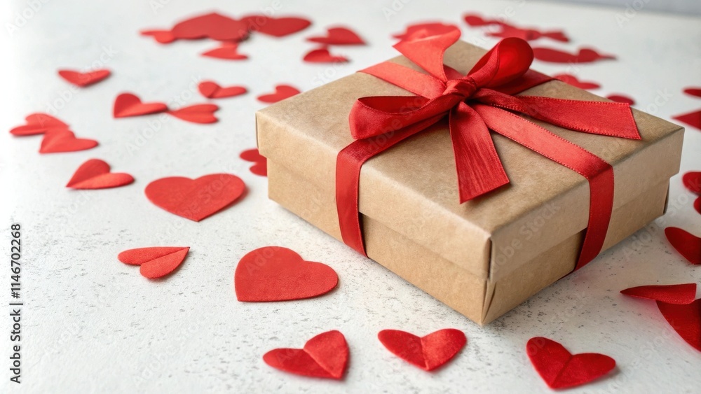 Poster a wrapped gift box adorned with a red ribbon surrounded by scattered red paper hearts on a white sur