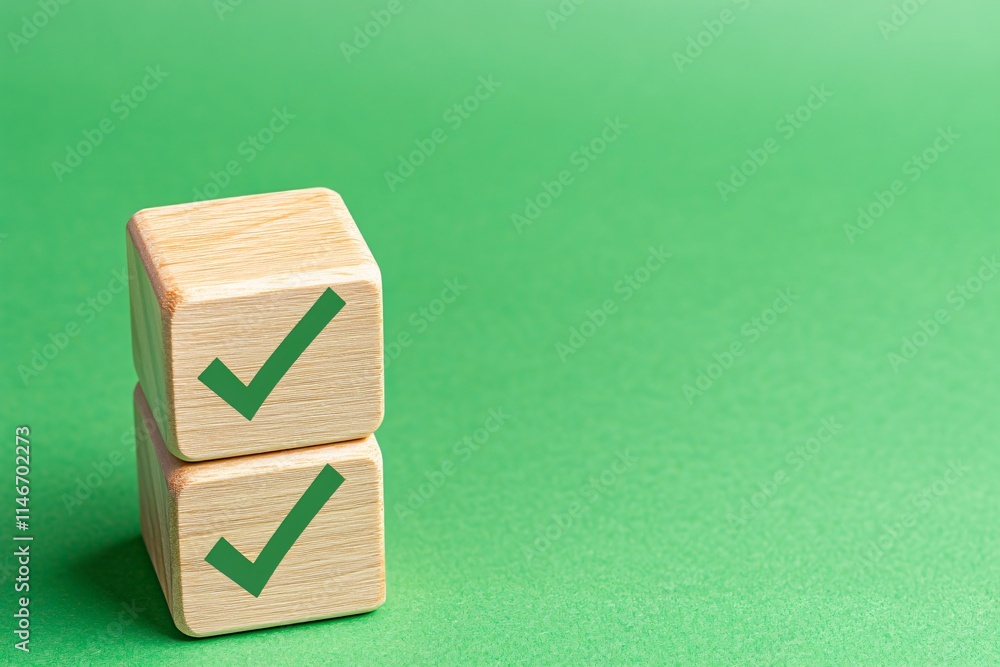 Poster checklist and decision making. wooden blocks with check marks on a green background symbolize approv