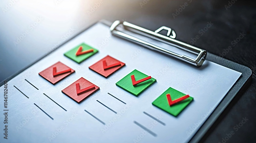 Aufkleber checklist and decision making. checklist with red and green checkmarks on a clipboard against a dark
