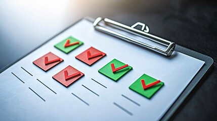 Checklist and decision making. Checklist with red and green checkmarks on a clipboard against a dark background.