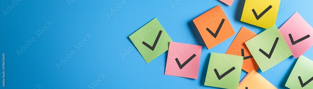 Poster checklist and decision making. colorful sticky notes with check marks on a blue background create a 