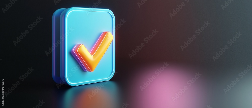 Poster checklist and decision making. a colorful 3d checkmark icon on a vibrant background.
