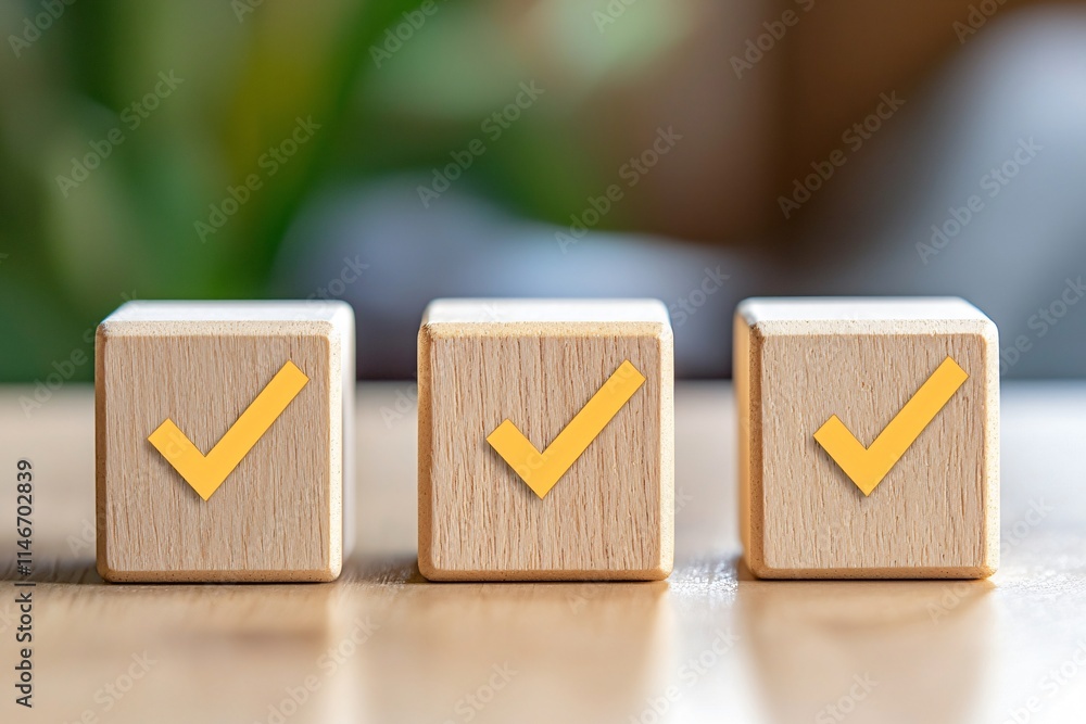 Aufkleber checklist and decision making. three wooden blocks with yellow check marks on a blurred background.