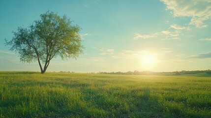 Fototapeta premium Green grass field lawn with tree and yellow sunlight against blue sky. Green Meadows Beautiful Journey Through Nature Great as a background, web banner 