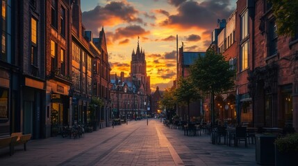 Fototapeta premium sunset over a charming cobblestone street in england