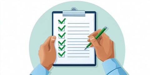 Checklist and decision making. A person completes a checklist on a clipboard with green checkmarks.