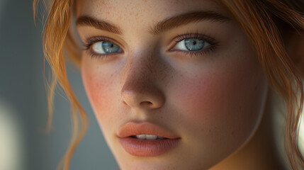 Fototapeta premium Close-up hyper-realistic image of a young woman with blue eyes, soft natural freckles, glowing skin, and light peach lips, perfect for beauty, skincare, or cosmetic branding projects