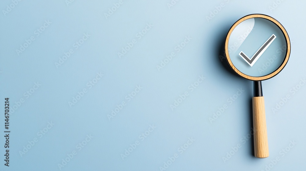 Poster checklist and decision making. magnifying glass with a checkmark on a blue background symbolizes ver