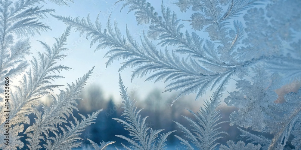 Poster delicate frost patterns adorn a windowpane, creating a striking contrast against the hazy blue sky, 