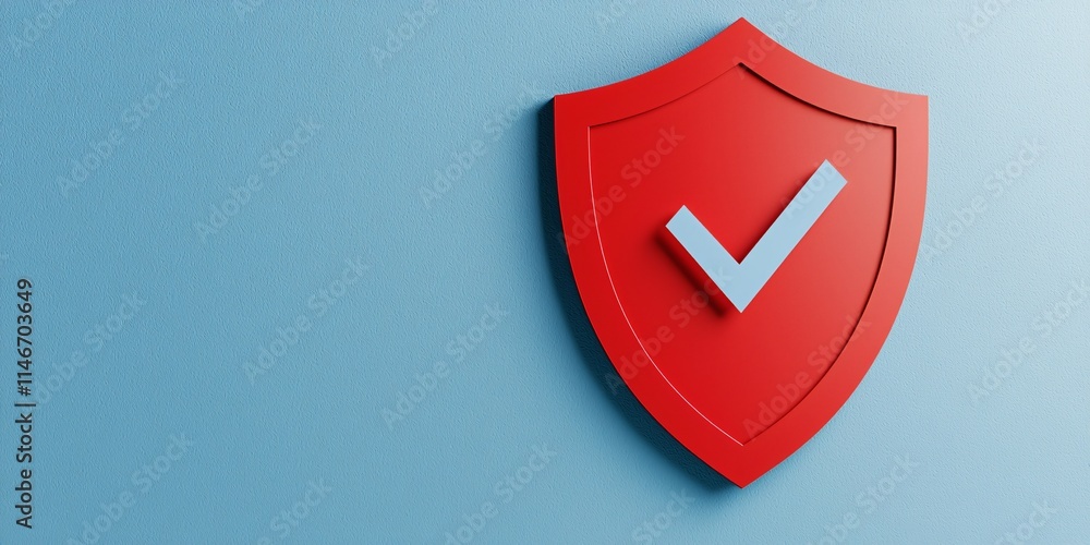 Poster checklist and decision making. red shield icon with a checkmark against a blue background, symbolizi
