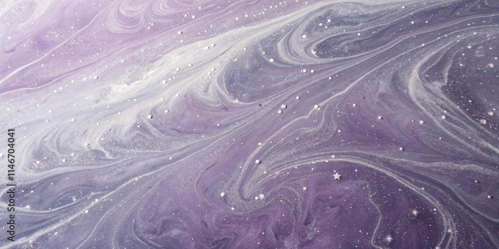 Poster abstract swirling pattern with white and silver shimmering flecks on a purple background