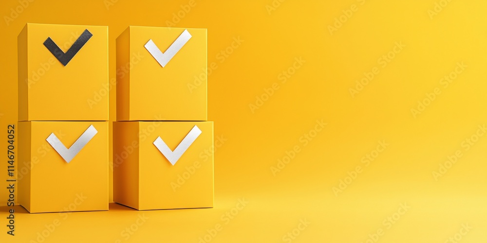 Poster Checklist and decision making. Bright yellow boxes with check marks against a matching background symbolize completion and organization.
