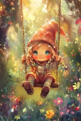 Cute little girl gnome spirit playing with a swing in Spring garden with flowers