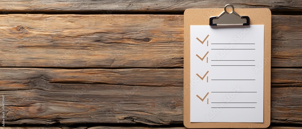 Poster checklist and decision making. clipboard with checklist on wooden background, ready for tasks or pla