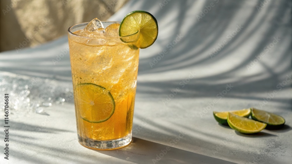 Poster Sparkling Citrus Beverage with Ice Cubes and Lime Wedges in a Glass on a White Tabletop with Shadows