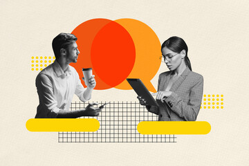 3d sketch poster trend collage image of two serious girl guy hold tablet phone chat correspondence...