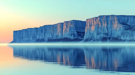 A stunning landscape featuring towering cliffs reflected in calm waters during sunrise, showcasing a beautiful gradient of pastel colors in the sky.