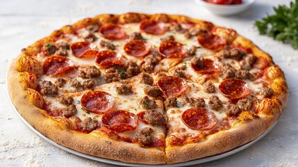 Delicious pepperoni and sausage pizza, freshly baked and sliced.