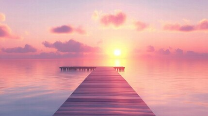 Obraz premium serene sunset pier peaceful ocean calm waters pink sky tranquil
