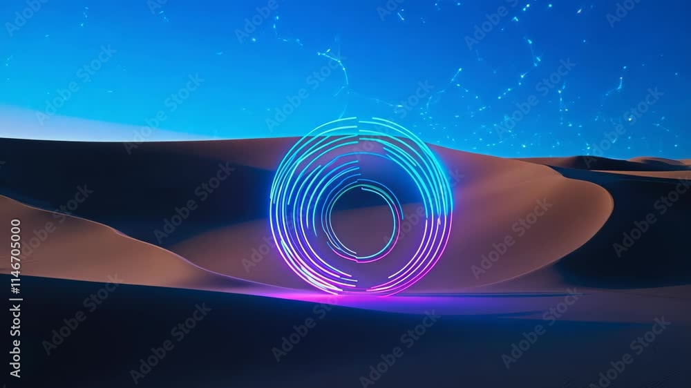 Poster illuminated circles create a vibrant display against the desert night sky in an artistic outdoor ins