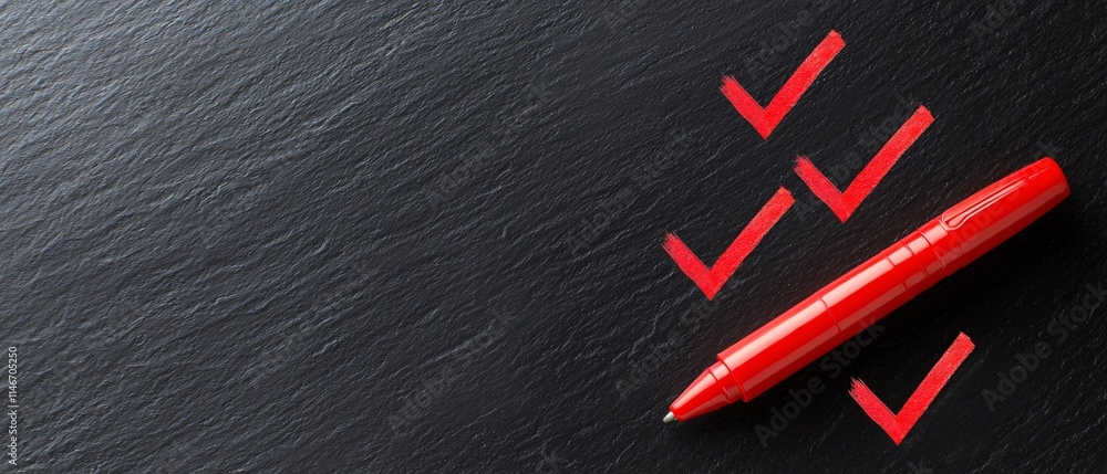 Poster checklist and decision making. red pen and check marks on a dark surface create a striking contrast.