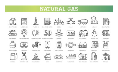 Set of natural gas line icons. Symbols with gas pipeline, fuel tanks and gas station