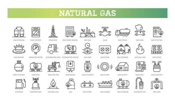 Set of natural gas line icons. Symbols with gas pipeline, fuel tanks and gas station