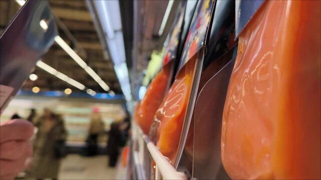 Customer Choosing Fresh Salmon In Supermarket. Close Up. The buyer's hand chooses a package of fresh salmon fish in the supermarket.