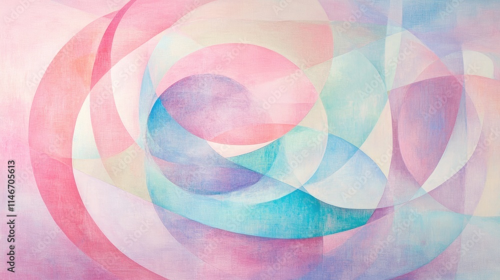 Poster a dreamy abstract design featuring soft pastel circles and squares, intertwined to create a unique v