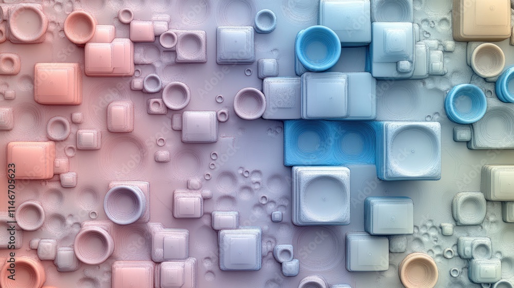 Poster a dreamy abstract design featuring soft pastel circles and squares, intertwined to create a unique v
