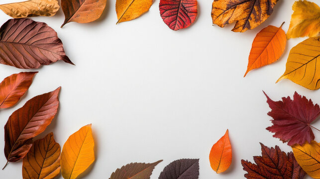 Autumn leaves in various colors arranged on white background
