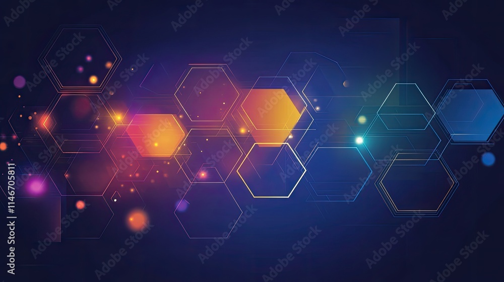 Poster a dynamic composition of abstract hexagon shapes filled with vibrant gradient tones, creating a mode