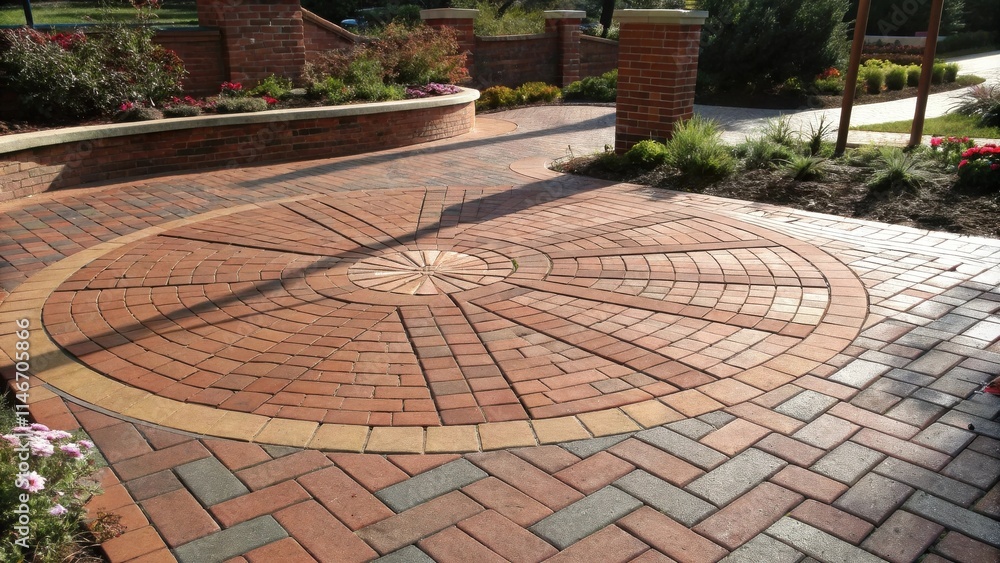 Poster A circular brick pattern in a garden setting with a radiating design in the center and a contrasting border